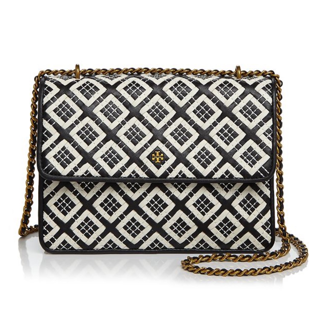Tory Burch Bag With Textured Black/White Details & Black Leather And Gold Chain